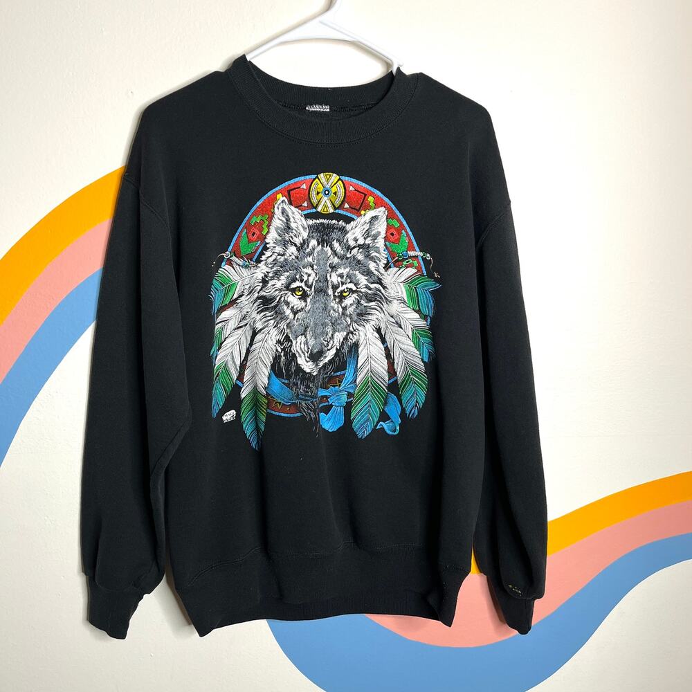 Vintage 80s 90s Wolf Sweatshirt Men's M Black Crewneck‎ Feathers Native American